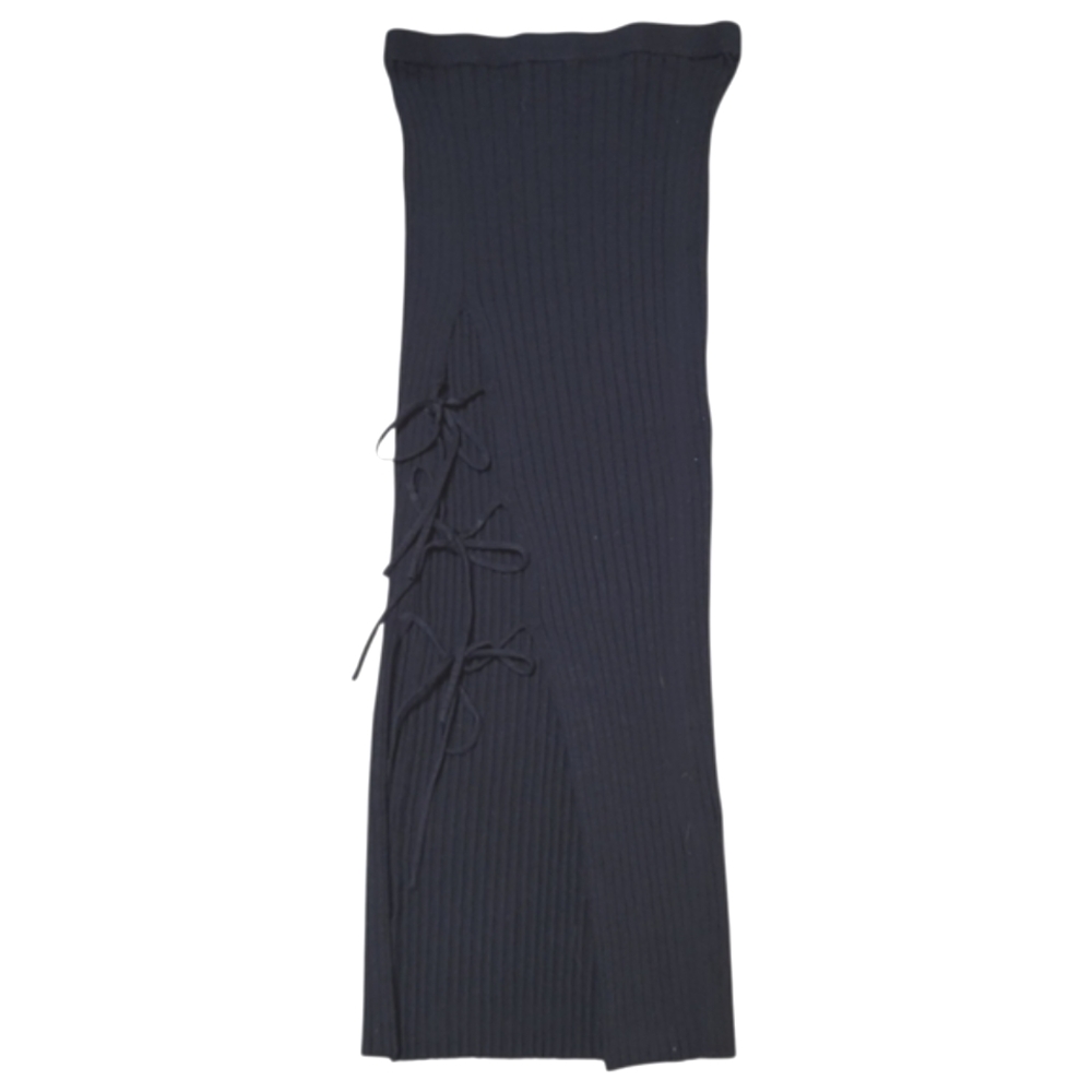 Beige Botany Black Ribbed Stretch Knit Midi Skirt w/ Lace-Up Slit - Size S